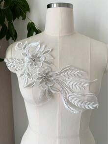 1-delat set med 3D-blommig spets applicerad tyg med strass, 10x5 tum spetsbroderilapp, applicerad bröllopsbroderi, bröllopsklänning, klädväska DIY, vit - ZH400 - Visa 4