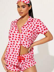 Conjunto de pijama para mujer con estampado de corazones, manga corta, pantalones cortos y solapa, para el día de San Valentín, cómodo e informal. - Rojo - Ver 3