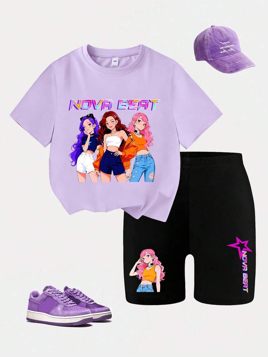 Girls Cartoon 3 Girls Print Round Neck Short Sleeve T-Shirt + Colorful Letter & Girl Print Tight Shorts 2pcs Set, Spring/Summer New Girls Outfit - Multicolor - View 1