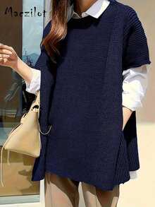 Plus Size European & American Style Comfortable Elegant Solid Color Sleeveless Knit Top- Fashionable Autumn/Winter - Navy Blue - View 1