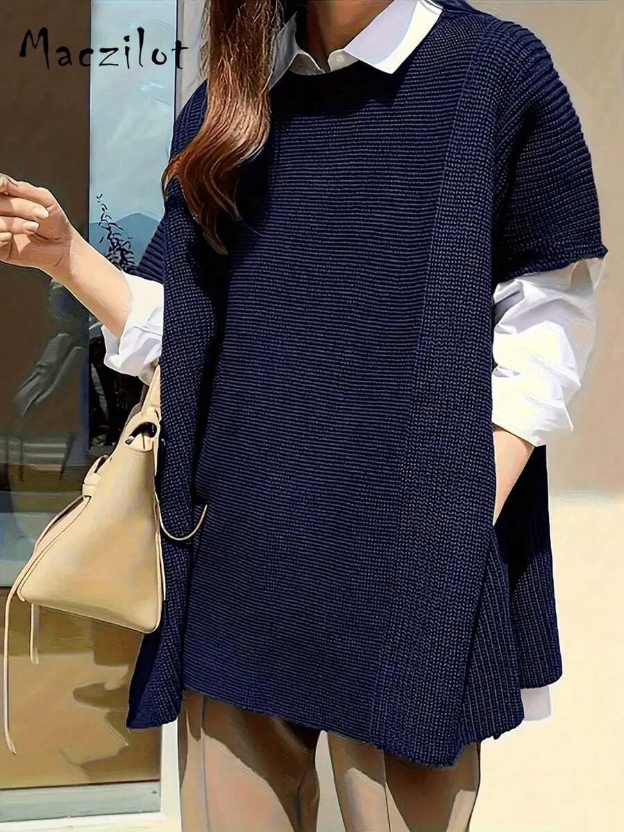 Plus Size European & American Style Comfortable Elegant Solid Color Sleeveless Knit Top- Fashionable Autumn/Winter - Navy Blue - View 1