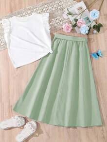 女童卡通印花短袖上衣和纽扣前开迷你裙休闲两件套 - 白色 - 查看 2