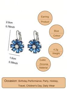 1 par de Belos Brincos de Argola com Flores Azuis Criativas, Zircônia Cúbica Requintada, Brinco Divertido para Meninas, Decoração Diária, Joias de Cobre - flor - Visão 4