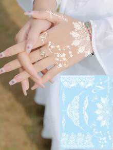 白色蕾丝海娜曼陀罗花 - 曼海蒂临时纹身贴纸，DIY白色婚礼、闪亮音乐节、狂欢节、情人节、派对节日礼物，适用于手腕、脚踝、肩膀、脖子、锁骨等小面积身体皮肤区域 - 白色 - 查看 3