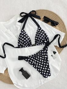 Bộ bikini nữ 2 mảnh phối màu chấm bi đen trắng gợi cảm, đính hạt cườm, dây buộc bản rộng và cổ yếm, hoàn hảo cho kỳ nghỉ biển và chụp ảnh mùa hè. - màu đen - Xem 8