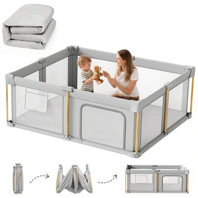 Foldable Baby Playpen With Mat, 51"X51"X27" Folding Play Pen For Babies And Toddlers, Safety & Sturdy Baby Playard  With Portable Design For Kids, Infant Collapsible Play Yard For Fence Indoor And Outdoor,Essential For New Moms,Baby Needs,Baby Gate,Newborn Gift