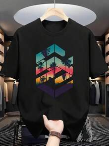 加大码男士创意几何图案印花休闲圆领短袖T恤，夏季 - 黑色 - 查看 1