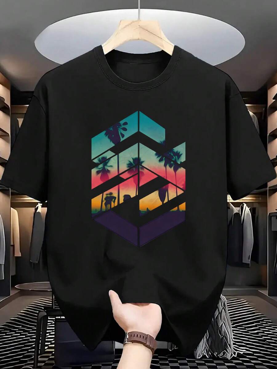 加大码男士创意几何图案印花休闲圆领短袖T恤，夏季 - 黑色 - 查看 1