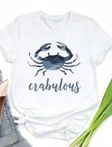 Beach Crab Crabulous Watercolor Print Crew Neck T Shirt Sweatshirt Casual Wear Tops Plus Size Clothes Business Casual Y2k Coastal Marine Graphic Short Sleeve Preppy Relaxed Basic Tee Suitable For Spring Sum - trắng - Xem 1