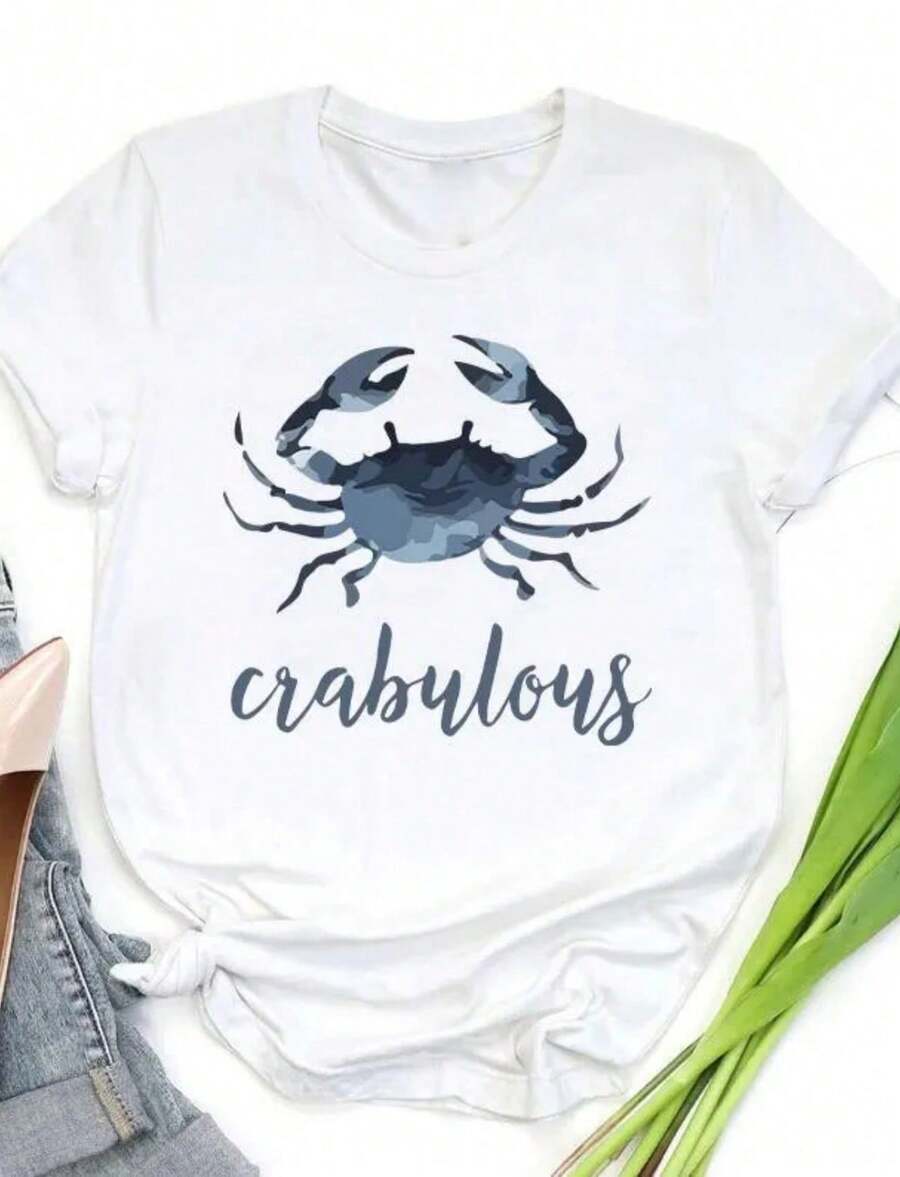 Beach Crab Crabulous Watercolor Print Crew Neck T Shirt Sweatshirt Casual Wear Tops Plus Size Clothes Business Casual Y2k Coastal Marine Graphic Short Sleeve Preppy Relaxed Basic Tee Suitable For Spring Sum - trắng - Xem 1