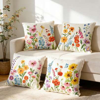 4pcs Spring Floral Print Throw Pillow Covers, Outdoor Garden Wild Flowers Leaves Butterfly Decor, Polyester Fabric Square Single-Sided Printed Cushion Covers, Spring Home Decor, Suitable For Sofa, Living Room, Farmhouse, Bedroom, Outdoor, Holiday Decoration, Zipper Closure, Pillow Insert Not Included