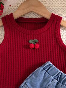 女婴华夫格纯色樱桃图案无袖圆领上衣 + 休闲刺绣牛仔裤 - 酒紅色 - 查看 9