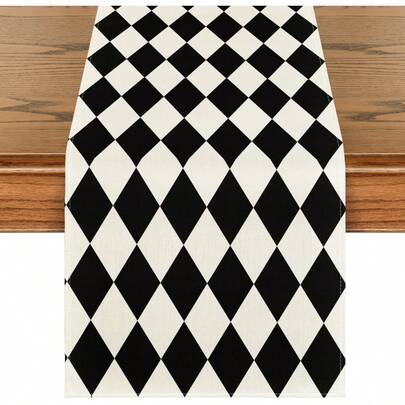 1PC Bohemian Black And Beige Diamond Checkered Table Runner, Seasonal Spring And Summer Party Kitchen Dining Table Decoration, Home Party Decoration