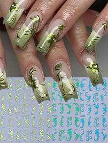 3片绿色金属藤蔓美甲贴纸，春绿色藤蔓花朵自粘美甲贴花，DIY美甲沙龙装饰配件，适合春夏美甲 - 綠色 - 查看 1