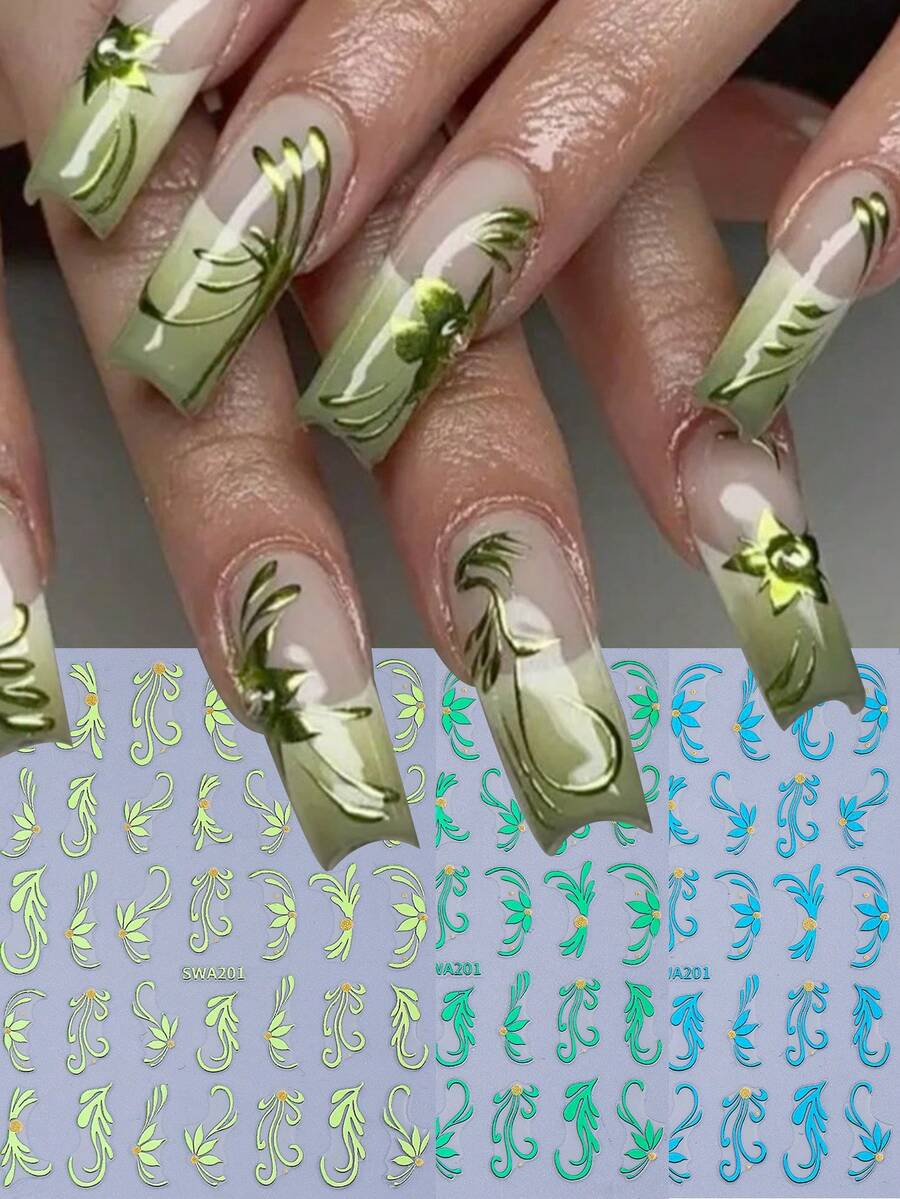 3片绿色金属藤蔓美甲贴纸，春绿色藤蔓花朵自粘美甲贴花，DIY美甲沙龙装饰配件，适合春夏美甲 - 綠色 - 查看 1