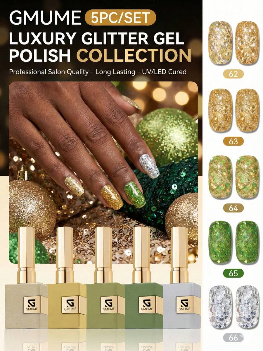 GMUME 5Pcs/Set 16ml Sparkling Glitter Gel Nail Polish Kit No.62 63 64 65 66 Gold Silver Green Sequins For Christmas New Year Party Disco Manicure Soak Off UV LED Gel Lacquer 3-Step Base Top Coat Required