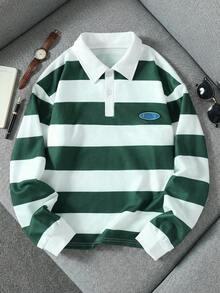 1 件男童经典日常休闲拼色条纹 Polo 领运动衫，秋冬 - 綠色 - 查看 6