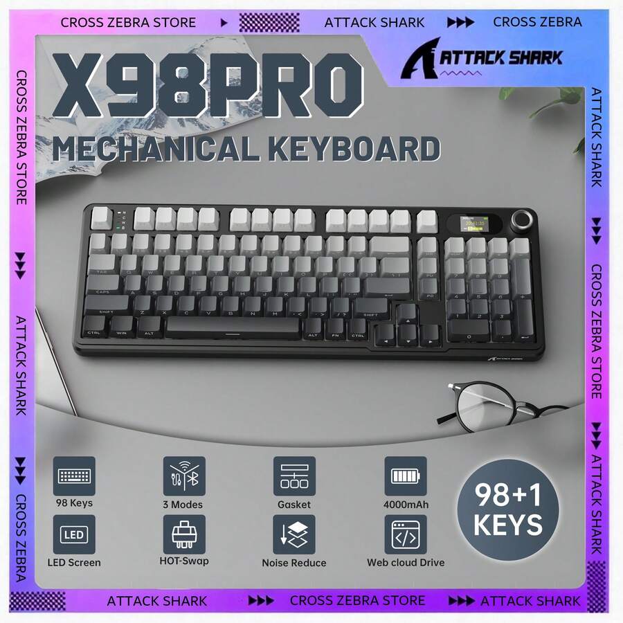 ATTACK SHARK X98PRO 无线机械键盘,多功能旋钮和 TFT 屏幕,三模蓝牙/2.4GHz/USB-C 有线键盘,支持热插拔 RGB 背光,内置 4000mAh 云盘,适用于 Windows/PC/Linux/游戏玩家,节日礼物,儿童礼物,2026 新年礼物 - Monnlit Night/ / Cheese/ Star Black - 彩色 - 查看 1