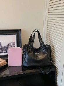 Retro Minimalist Large Capacity Fashion Student/Work Commute Tote Bag - Black - View 3