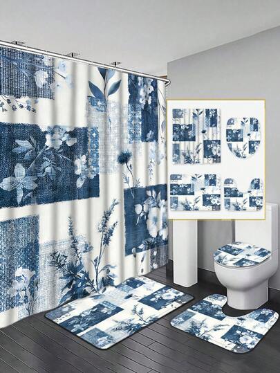 Blue & White Floral Patchwork Bathroom Set - Combining Nature And Geometric Design, Includes Shower Curtain, Bath Mat, Toilet Lid Cover And Non-Slip Bathroom Mat, Adding A Fresh And Elegant Ambiance To The Bathroom