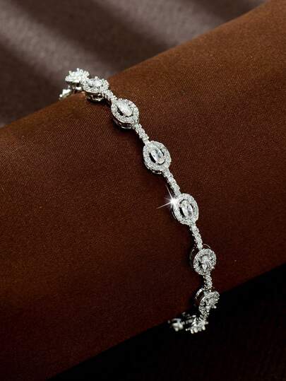 1pc Elegant Bracelet, 18K White Gold Plated With Zirconia Oval Hollow Decor Chain, Suitable As Women's Engagement Gift