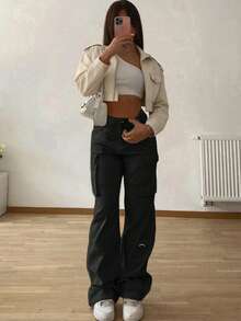 Solid-Color Elastic Waist Pocket Stylish And Retro Y2K Casual Cute Wide-Leg Work Pants. Comfortable And Versatile, Suitable For Airport Outfits, Back-To-School Season, Teacher's Day, Clubs, Birthday Parties, Halloween, New Year, Thanksgiving, Concerts, Gyms, Vacations, Business, Streetwear, Spring, Summer And Autumn, Winter - Black - View 3