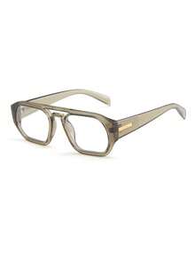 1 Pair Men's Black Square PC Frame Vintage Solid Color Double Bridge Clear Lens Glasses - Translucent Gray-green - View 5