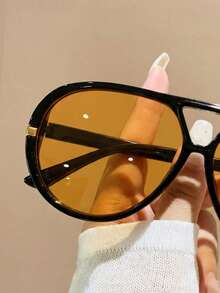 1 Pair Unisex Retro Orange Aviator Frame Fashion Glasses, For Travel, Vacation And Casual Wear - Black Orange - View 3
