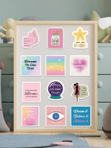 52张卡通愿景板贴纸，美观涂鸦风格，适用于手机壳、笔记本电脑、行李箱、剪贴簿、文具、日记本、冰箱、衣柜、钱包、背包、吉他等，PVC材质。 - 1 Set - 查看 9