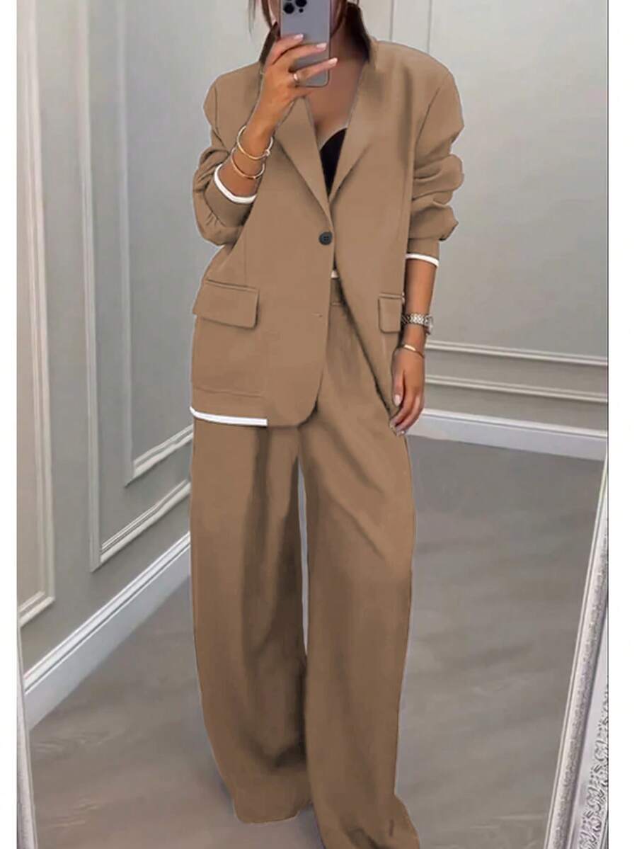 优雅女士纯色拼接撞色罗纹口袋拉链纽扣办公套装，适合通勤和日常休闲穿着，春季款