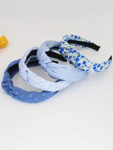 4pcs Blue Floral Fabric Solid Color Non-Slip Headbands For Women, Curved Headbands, Fashion Hair Accessories, Suitable For Daily Wear, Outdoor Activities, Washing Face, Makeup, Can Be Used As Casual Hair Accessories, Hair Styling Tools, Beauty Accessories, Curling Accessories Hairband Hair Hoop,Summer,Holiday,Travel,Festival,Birthday - Blue - View 4