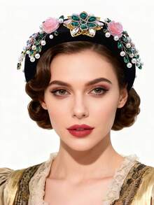 1pc Rhinestone & Pearl Flower Headband, Retro Style For Women, Suitable For Bride, Wedding, Engagement, Date, Casual, Holiday, Party, Celebration - Multicolor - View 2