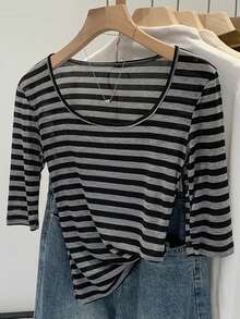 Vera Lane Women's Summer T-Shirt, Printed Striped Round Neck Short Sleeve Casual Daily Wear Beach Holiday College Style T-Shirt - Black - View 4