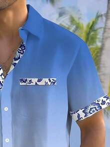 Hawaiian Floral Partial Print Button Pocket Short Sleeve Shirt For Men - Blue - View 4