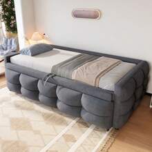 Upholstered Bed, Extendable Sofa Bed 90/180*190cm, Puff Bed, Teddy Velvet Fabric, Single Bed, Double Bed, With Slatted Frame, Multifunctional Bed, (Without Mattress) - Grey - View 6