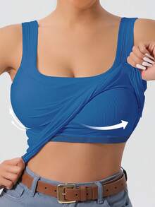 Ladies' Large U-Shaped Beautiful Back Casual Sports Vest, Women's Detachable Chest Pad, Fitted Solid Color, Worn Inside And Outside, Base Layer, Tank Vest - Xanh đậm - Xem 1