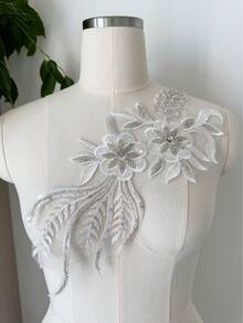 1-delat set med 3D-blommig spets applicerad tyg med strass, 10x5 tum spetsbroderilapp, applicerad bröllopsbroderi, bröllopsklänning, klädväska DIY, vit - ZH400 - Visa 7