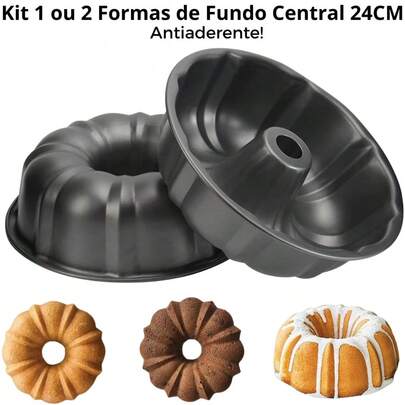 Kit 2 Formas Assadeiras de Furo Central com 24 cm Para Bolo Pudim Redonda Antiaderente