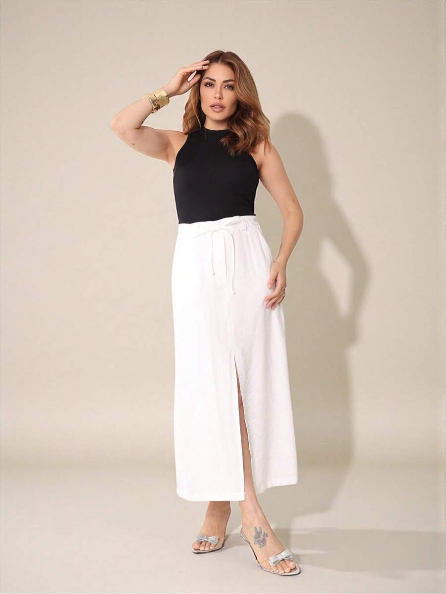 Marrante Midi Skirt With Tie And Front Slit - Modern Elegance COD 183 - trắng - Xem 1