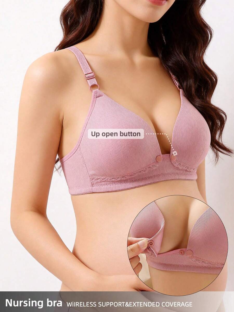 Pregnant Women Front Closure Adjustable Strap Nursing Bra, Solid Color - Pink - View 1