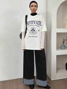 Livesso Women's Letter Print Casual Long Sleeve T-Shirt - White - View 1