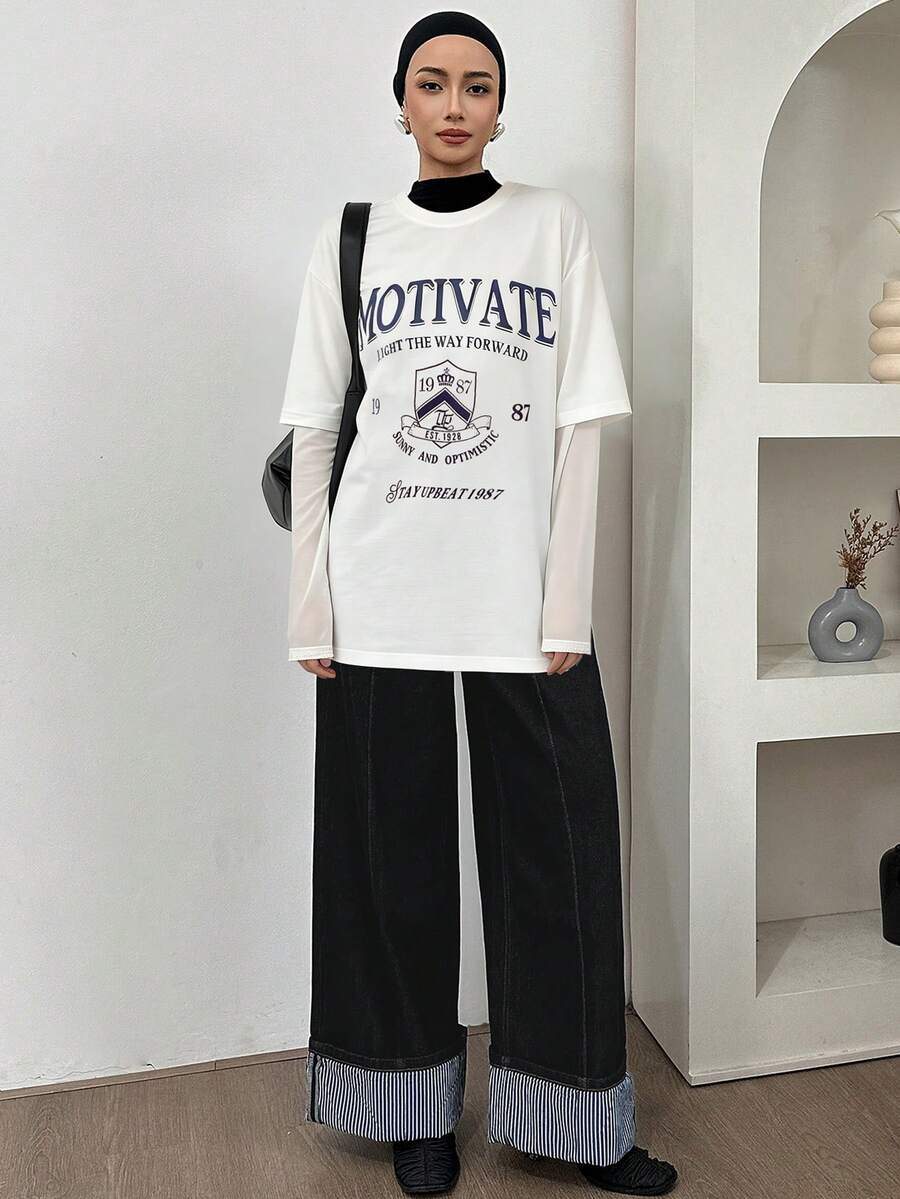 Livesso Women's Letter Print Casual Long Sleeve T-Shirt - White - View 1