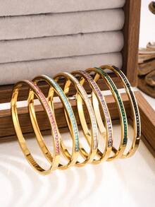 6pcs/5pcs/1pc Fashionable & Elegant Stainless Steel Single Row Diamond Bracelet, Multiple Colors, Suitable For Women's Daily Wear - Yellow Gold - View 11