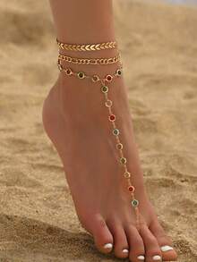 3pcs/Set Fashionable Multi-Layer Toe Ring Anklet, Shiny Colorful Crystal Beaded Foot Chain For Women, Suitable For Beach Party, Daily Gathering And Vacation. Handmade Chain Can Be Cut To Desired Length, With Random Color Arrangement Of Glass Crystal Beads. - Multicolor - View 1