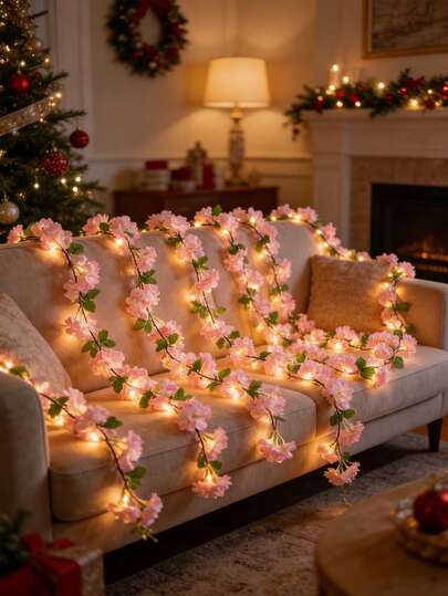 1pc Battery Powered Artificial Cherry Blossom Vine Decor, Suitable For Birthday Party, Garden, Bedroom, Party, Wedding, Mother's Day, Valentine's Day, Seasonal Decoration, Home, Fireplace, Staircase Railing, Floral Decoration, Birthday Gift, Graduation, Christmas Decoration, Christmas Gift, 2m Flower Garland With Switch Control, Battery Operated, Plastic, Christmas Themed Decor, Batteries Not Included