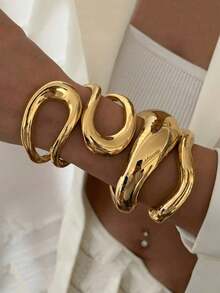 1件复古极简不对称金属水滴蛇形手镯，个性化夸张几何抽象设计，奢华优雅，适合女性日常通勤、节日礼物、朋友聚会、宴会、时尚街拍、T台配饰 - 銀色 - 查看 4