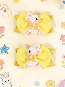 2pcs/Set Girls Easter Rabbit Hair Clips, Glitter Rabbit Hair Clips, Embroidered Bow Hair Clips, Cute Sweet Style Hair Accessories, Easter Holiday Gift, Party Hair Decor, Suitable For Teens - Multicolor - View 3