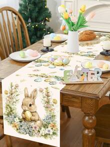 1pc Easter Table Runner, Featuring Rabbit, Eggs And Floral Patterns, 35*180cm Polyester Material, Farmhouse Style Easter Table Runner, 2026 Easter Home Decor, Kitchen Dining Table Decoration, Spring Holiday Decor - Multicolor - View 6