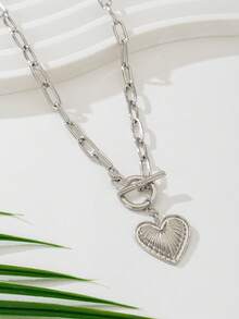 男士休闲纹理金属OT扣心形吊坠项链，适合派对、聚会、生日、约会、日常佩戴，也是送给男友的情人节礼物。 - 銀色 - 查看 3