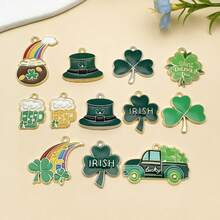 5件套DIY吊坠套装 | 幸运绿色珐琅吊坠，饰有三叶草和小妖精图案，锌合金材质，适用于圣帕特里克节珠宝制作 - 彩色 - 查看 1